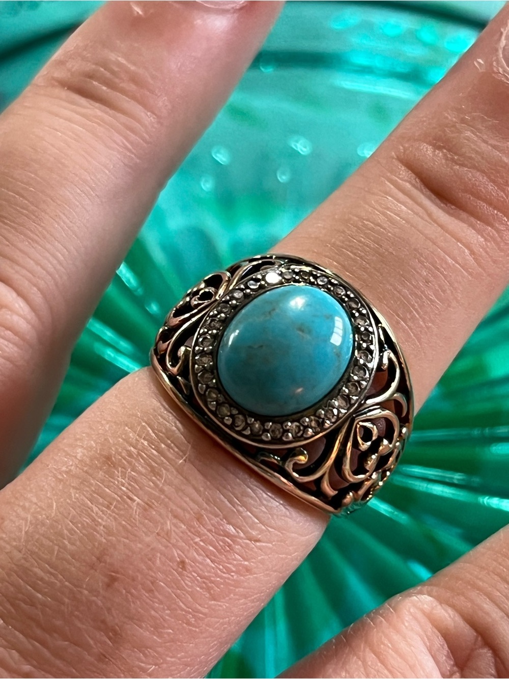 Vintage Sterling Silver 925 Gold Vermeil Turquoise CZ Size 7.75 Ring